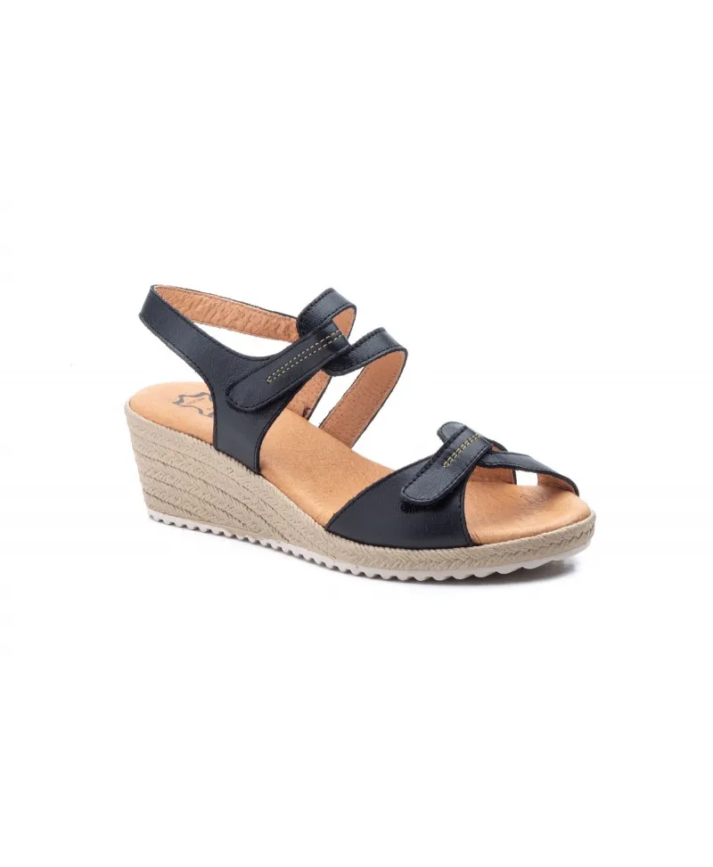 Sandalias Mujer Piel Negro Velcro Yute JAM