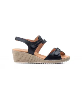 Sandalias Mujer Piel Negro Velcro Yute JAM