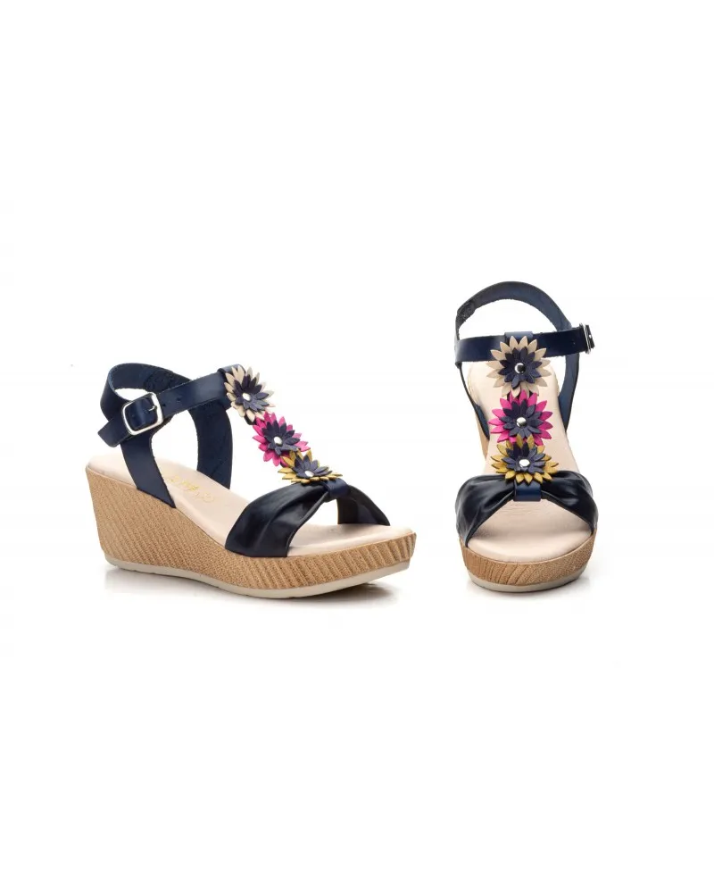 Sandalias Mujer Piel Tubular Marino Flores Cuña Limón